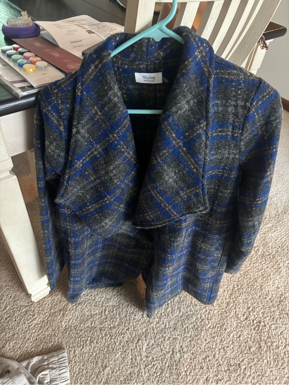 Bluivy Blue and Gray Plaid Open-Front Blazer Coat